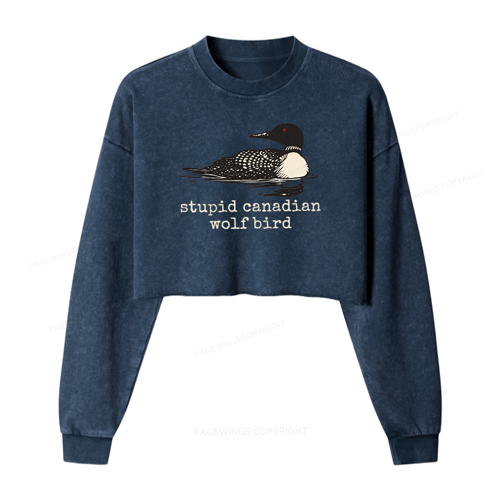 Pagewings Stupid Canadian Wolf Bird Washed Crop Sweatshirt