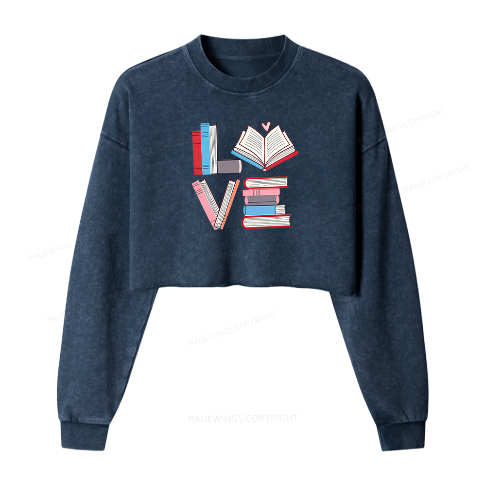 Pagewings Books Lovers Valentines Washed Crop Sweatshirt