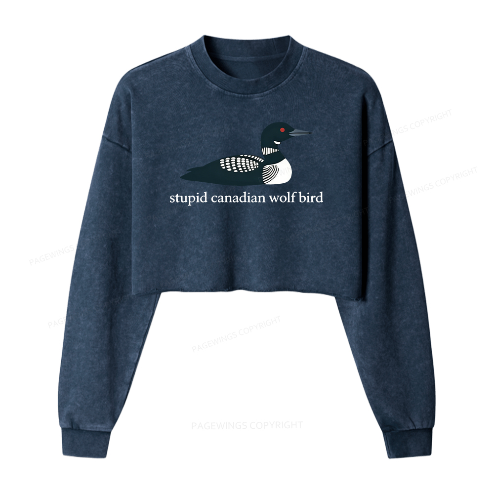 Pagewings Stupid Canadian Wolf Bird Washed Crop Sweatshirt