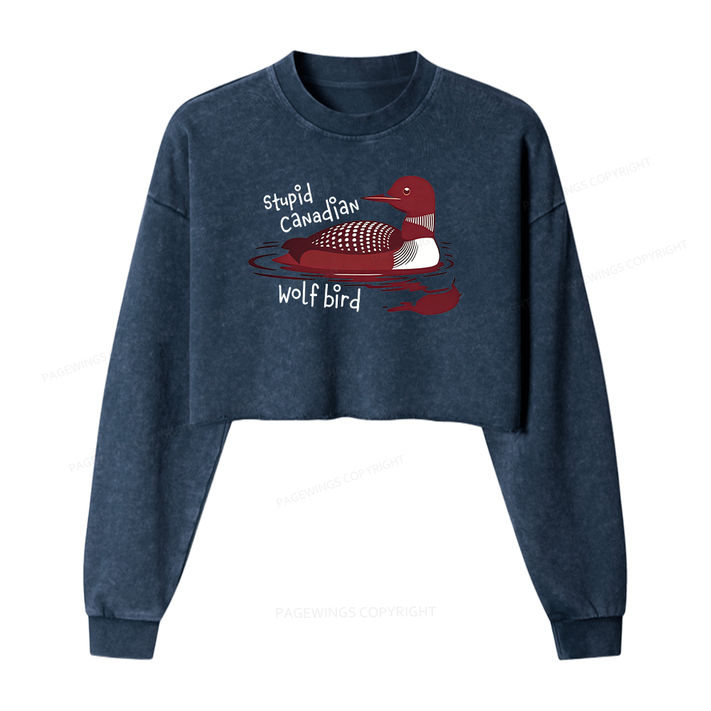 Pagewings Stupid Canadian Wolf Bird Washed Crop Sweatshirt