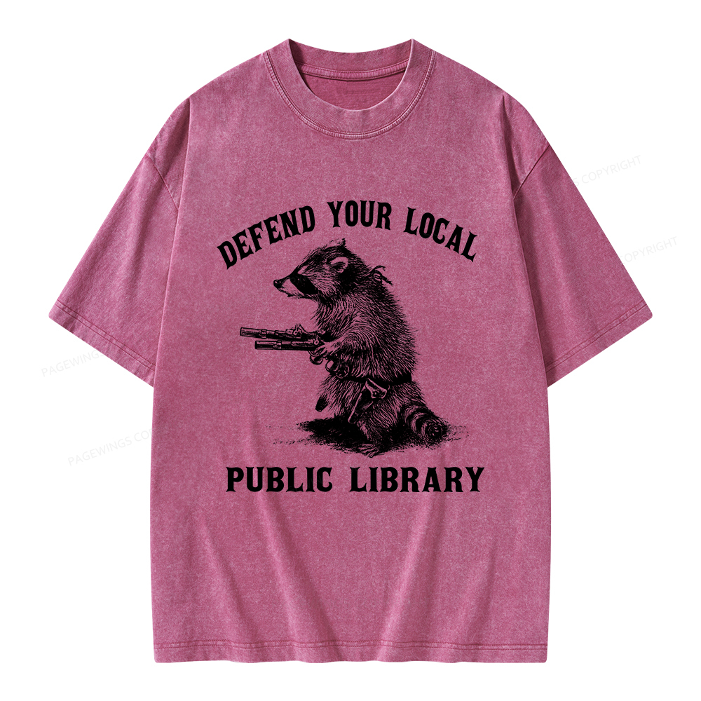 Pagewings Raccoon Defend Your Local Public Library Unisex Washed T-shirt