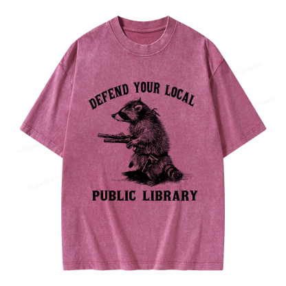 Pagewings Raccoon Defend Your Local Public Library Unisex Washed T-shirt