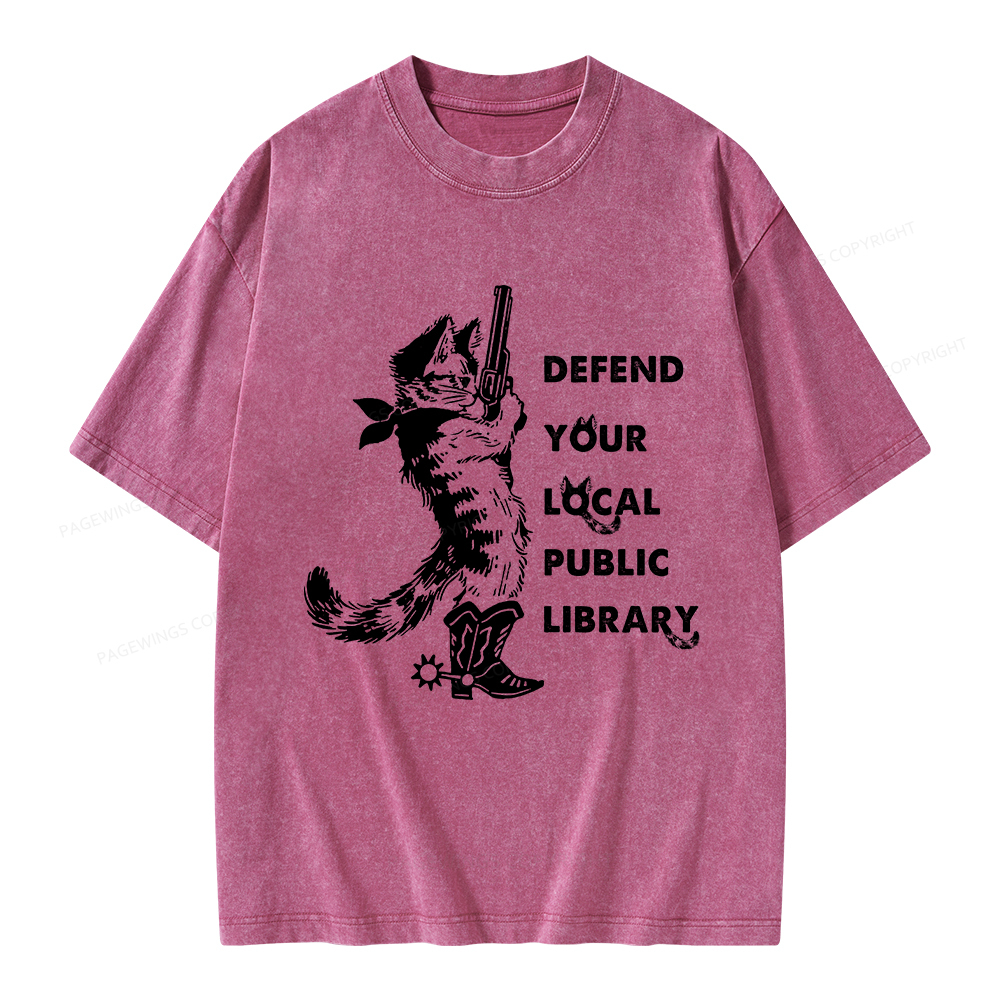 Pagewings Cat Defend Your Local Public Library Unisex Washed T-shirt
