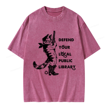 Pagewings Cat Defend Your Local Public Library Unisex Washed T-shirt
