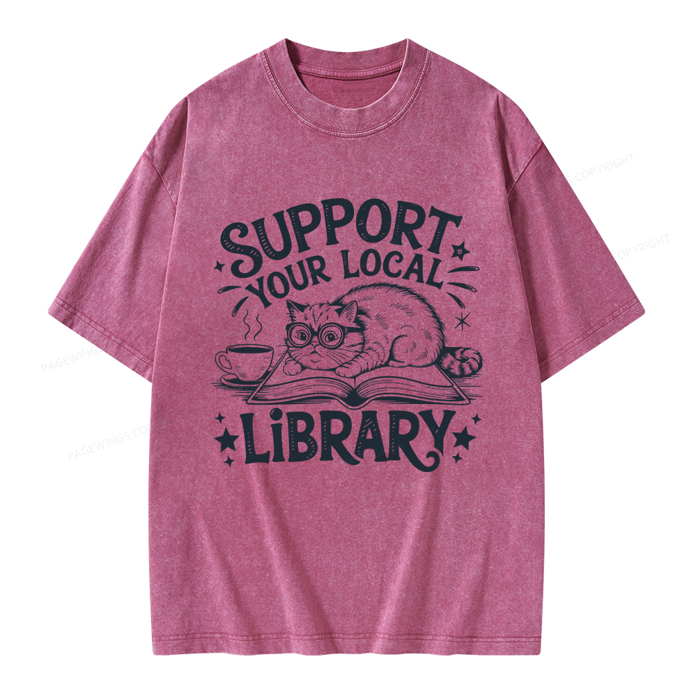 Pagewings Support Your Local Library Cat  Unisex Washed T-shirt