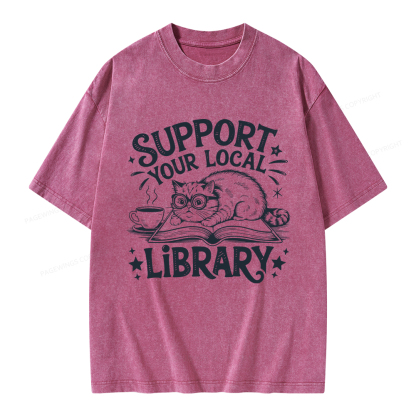 Pagewings Support Your Local Library Cat  Unisex Washed T-shirt