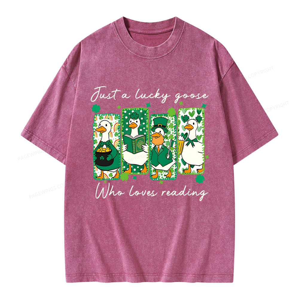 Pagewings St Patrick’s Day Just A Lucky Goose Who Loves Reading Unisex Washed T-shirt