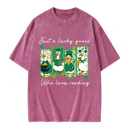 Pagewings St Patrick’s Day Just A Lucky Goose Who Loves Reading Unisex Washed T-shirt
