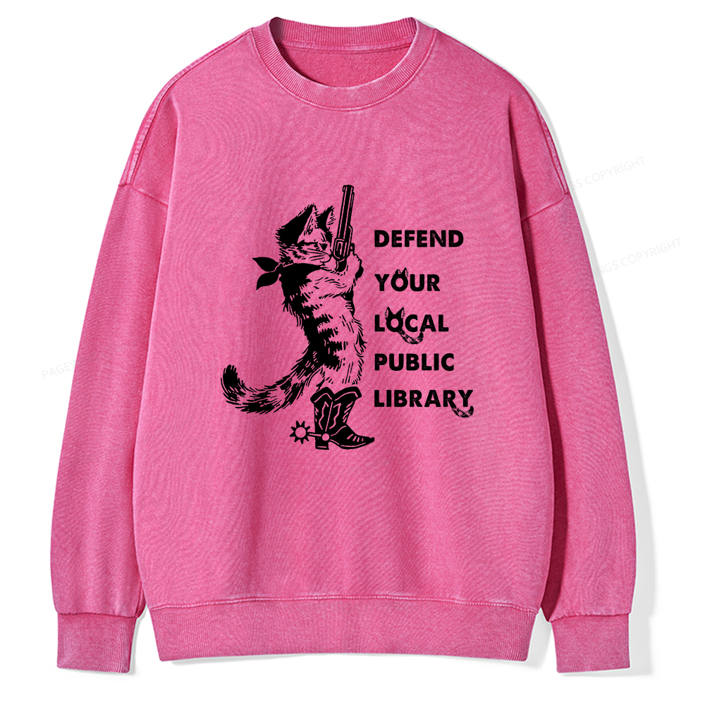 Pagewings Cat Defend Your Local Public Library Unisex Washed Sweatshirt