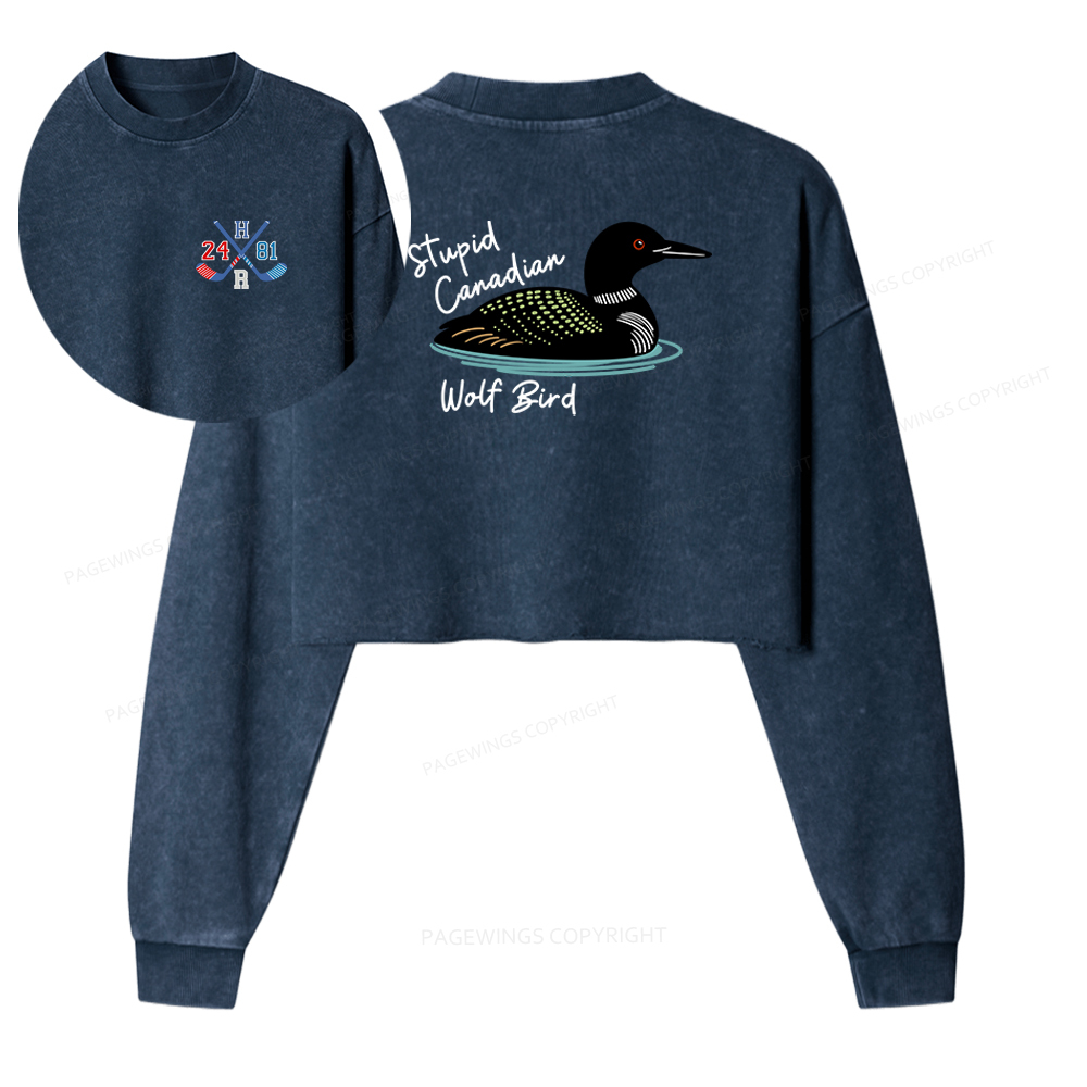 Pagewings Stupid Canadian Wolf Bird Washed Crop Sweatshirt