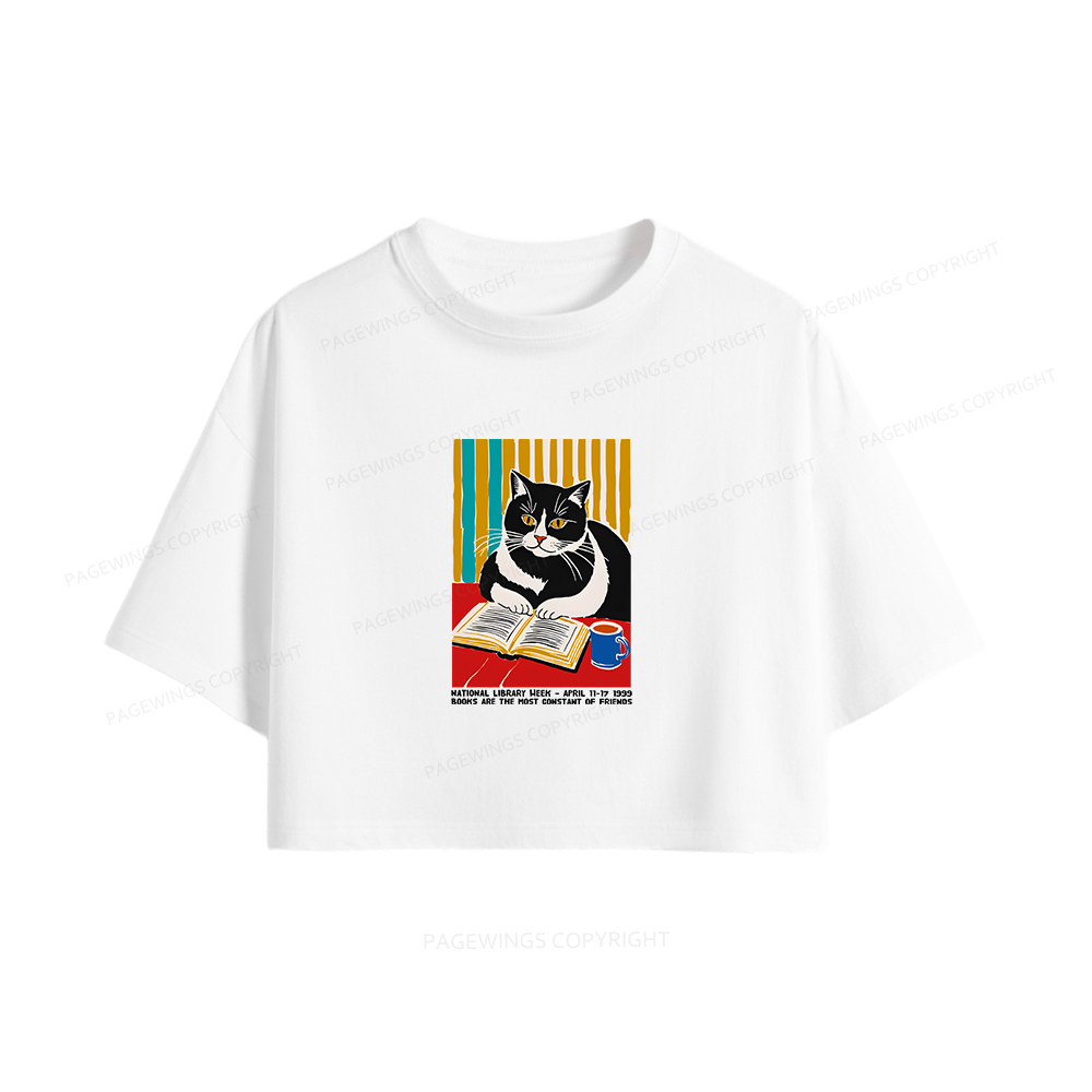 Pagewings Ational Library Week Cat Poster Women Crop Tops