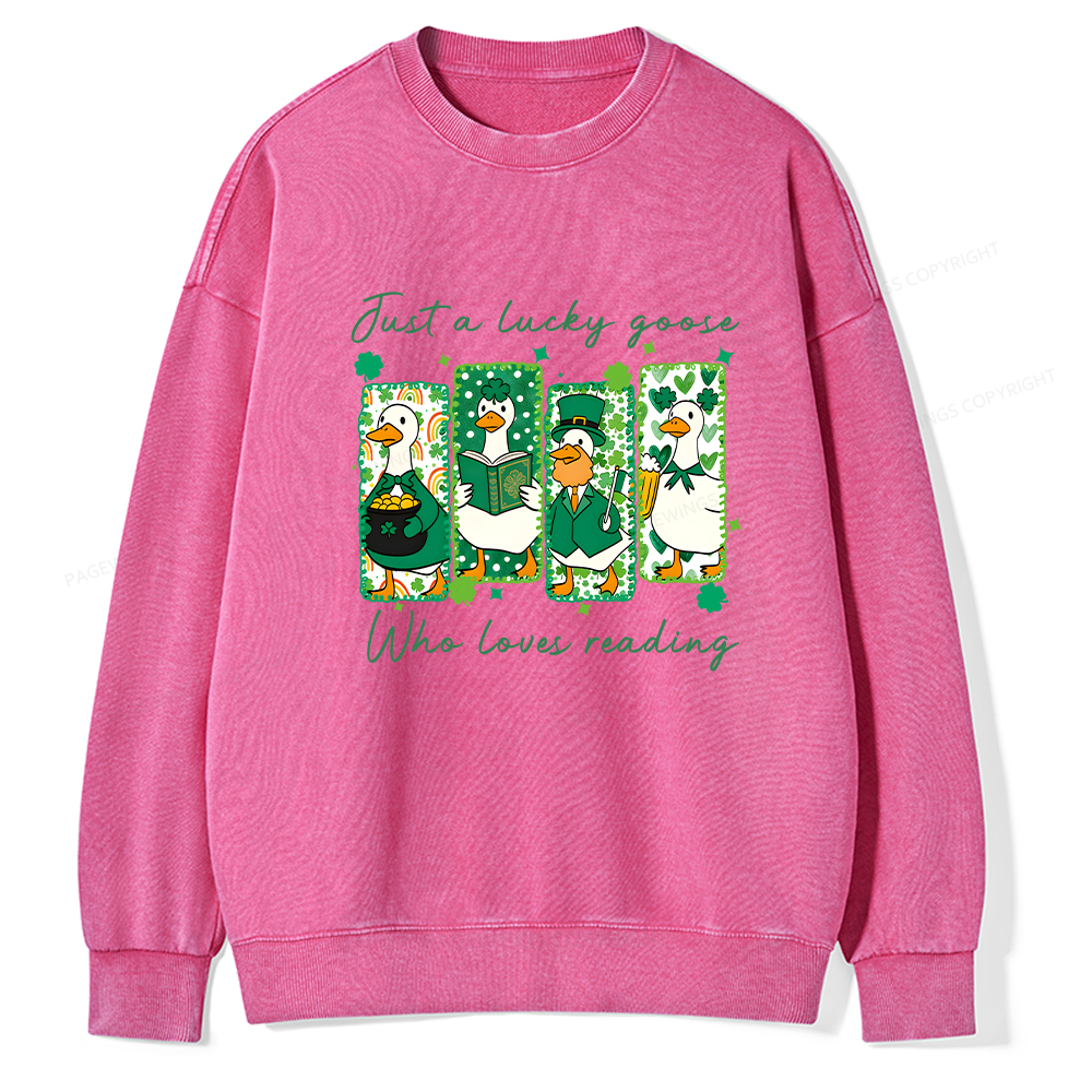 Pagewings St Patrick’s Day Just A Lucky Goose Who Loves Reading Unisex Washed Sweatshirt