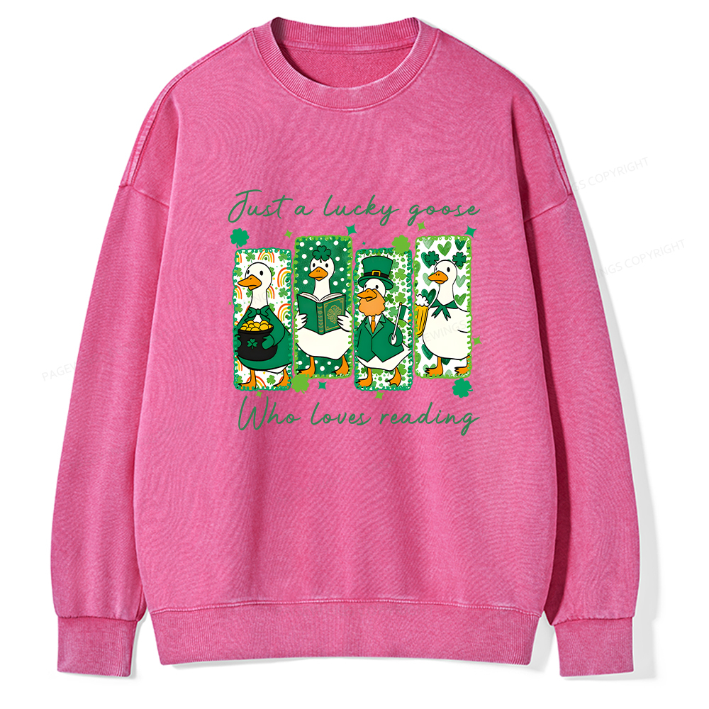 Pagewings St Patrick’s Day Just A Lucky Goose Who Loves Reading Unisex Washed Sweatshirt