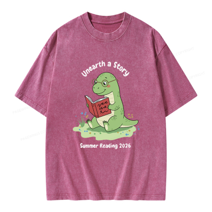 Pagewings Unearth A Story Dinosaur Summer Reading Unisex Washed T-shirt