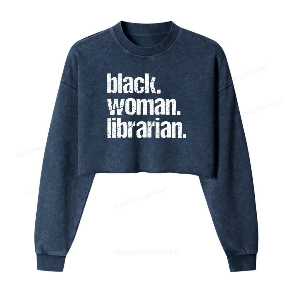 Pagewings Black Woman Librarian Washed Crop Sweatshirt