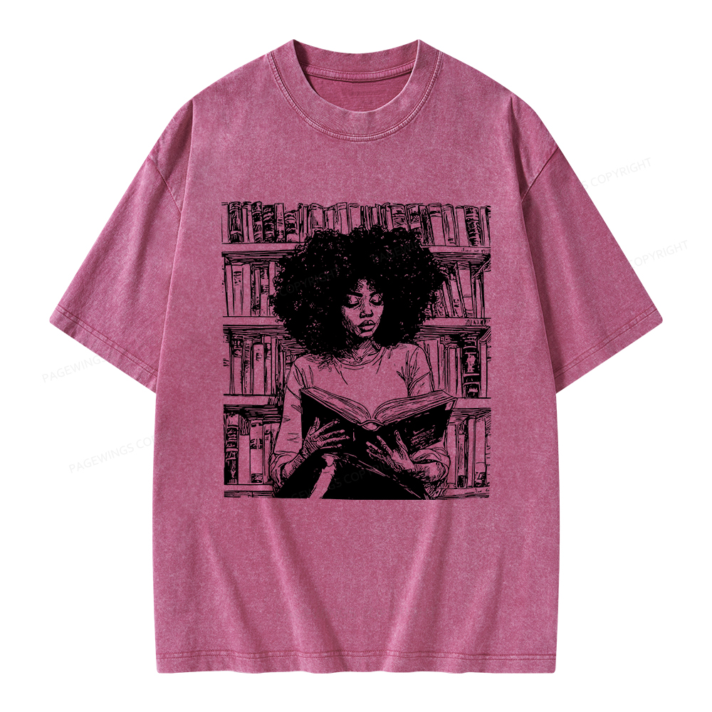 Pagewings Black Girl Reading Unisex Washed T-shirt