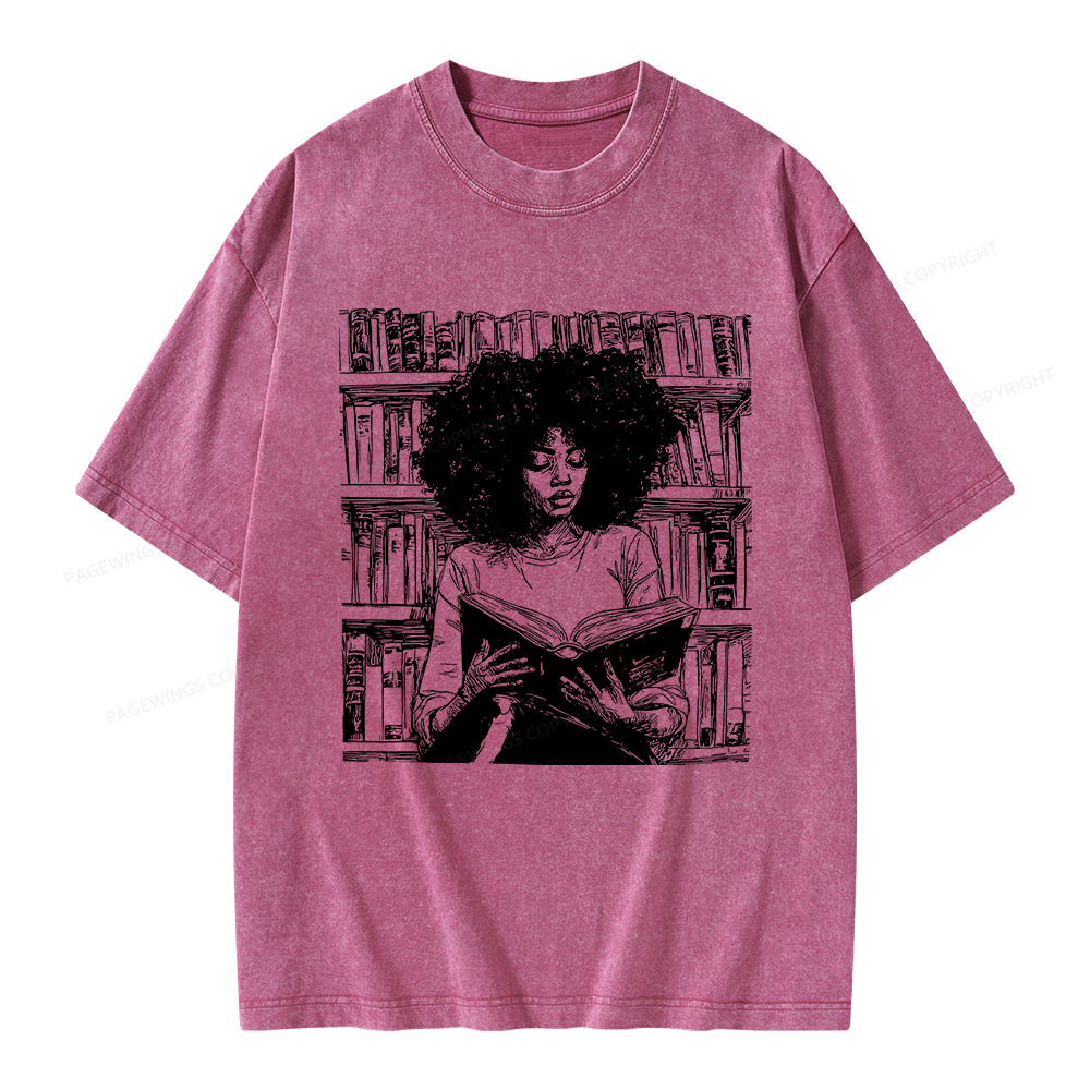 Pagewings Black Girl Reading Unisex Washed T-shirt
