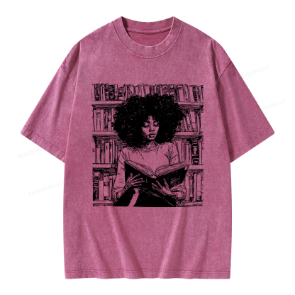 Pagewings Black Girl Reading Unisex Washed T-shirt