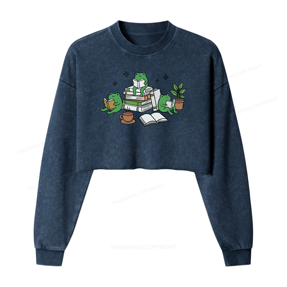 Pagewings Frogs And Books Washed Crop Sweatshirt