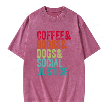 Pagewings Books Coffee Dogs Social Justice Unisex Washed T-shirt