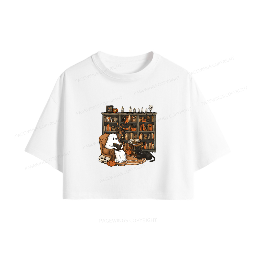 Pagewings Halloween Ghost Reading Books Women Crop Tops