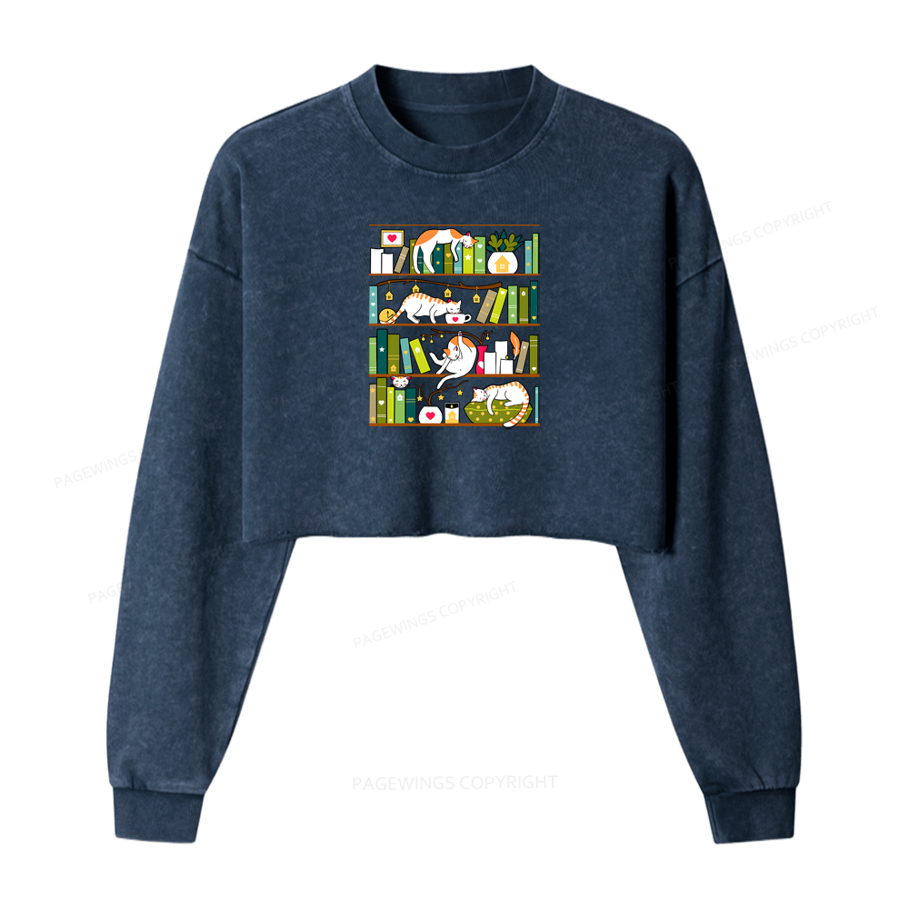 Pagewings Library Cats Washed Crop Sweatshirt