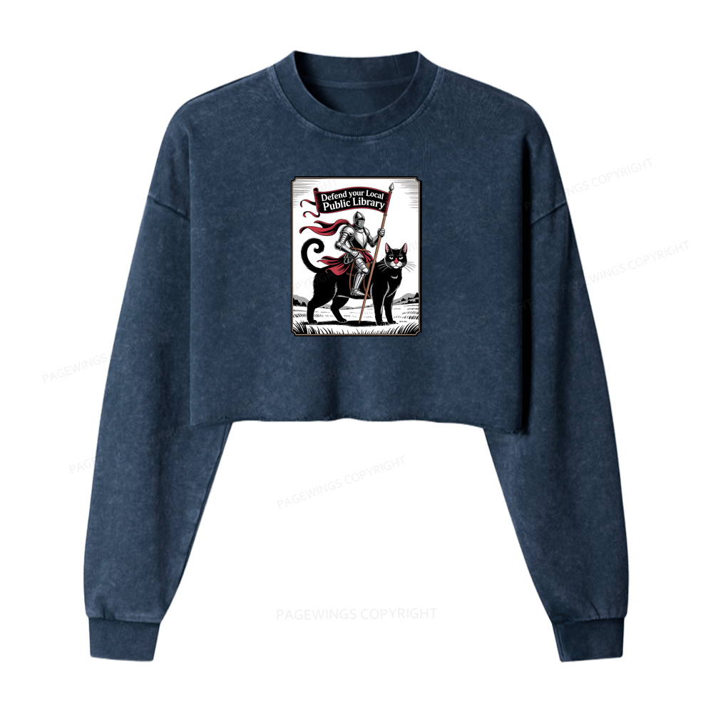 Pagewings Defend Your Local Public Library Funny Knight Cat Washed Crop Sweatshirt