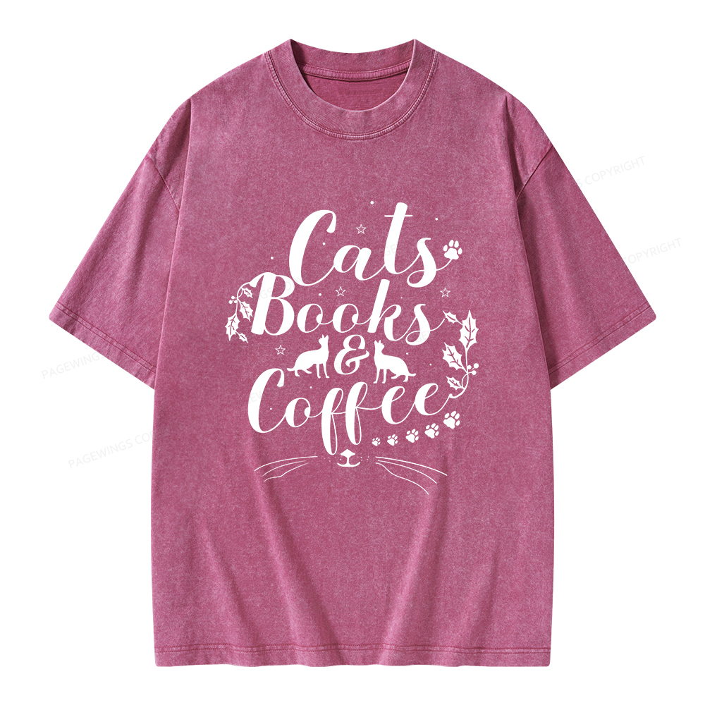 Pagewings Cats Books And Coffee Unisex Washed T-shirt