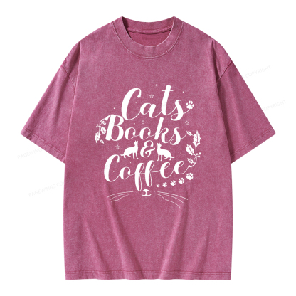 Pagewings Cats Books And Coffee Unisex Washed T-shirt