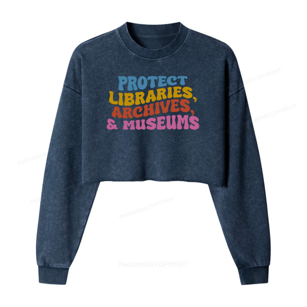 Pagewings Protect Libraries Archives And Museums Washed Crop Sweatshirt