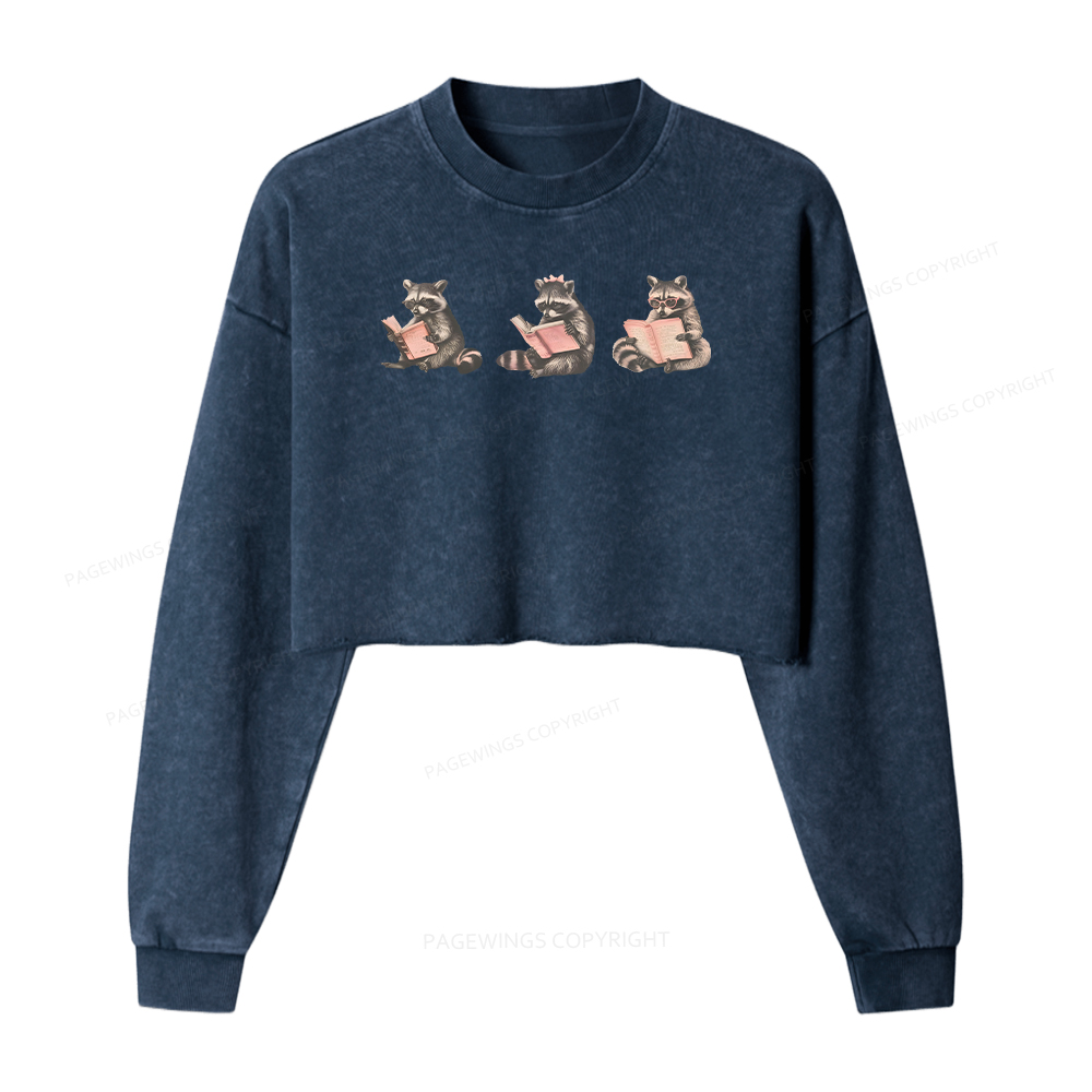 Pagewings Funny Raccoon Bookish Gift Washed Crop Sweatshirt