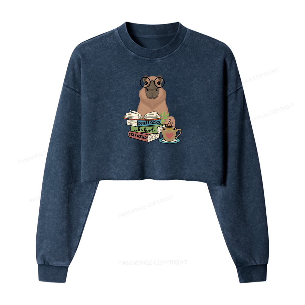 Pagewings Capybara Reading Washed Crop Sweatshirt