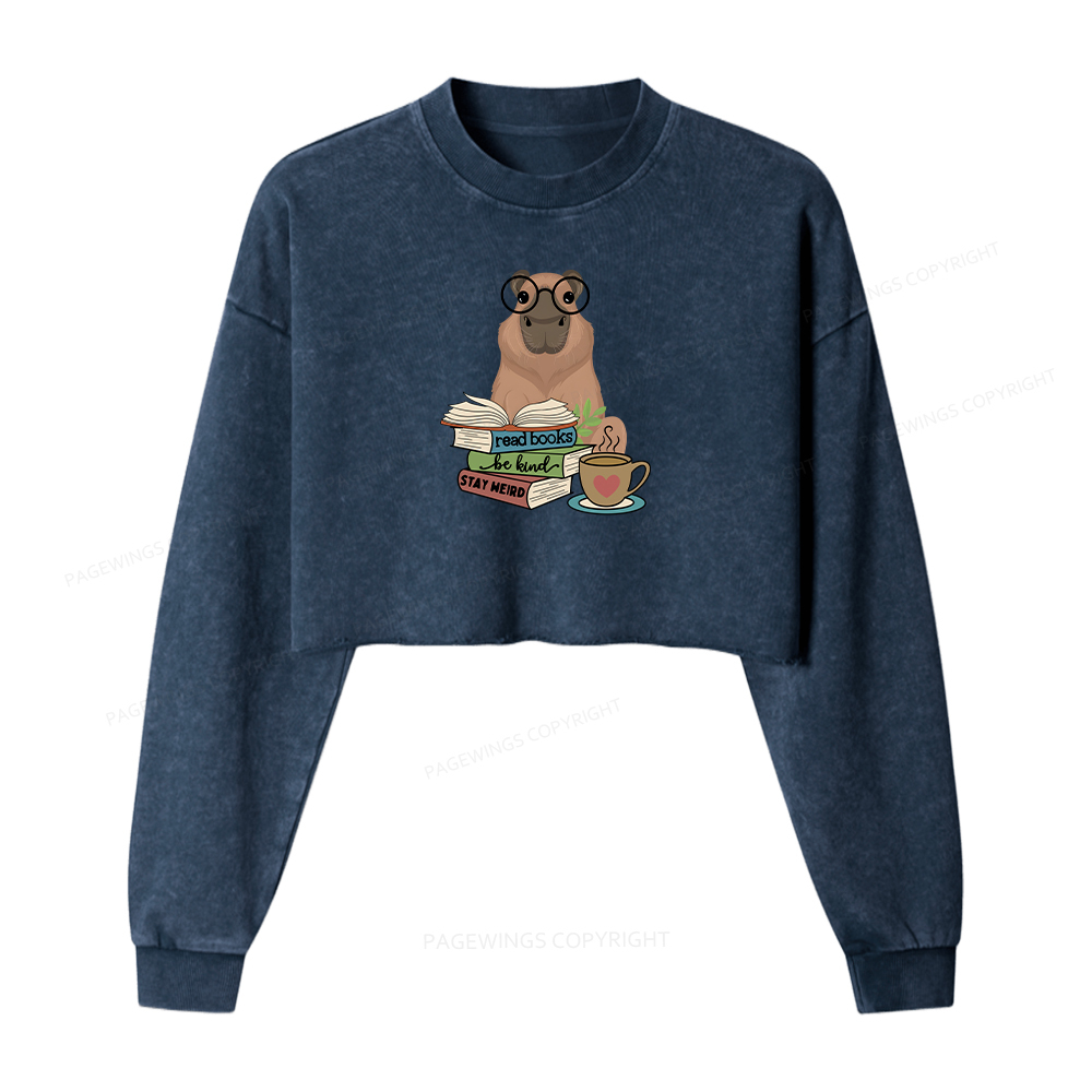 Pagewings Capybara Reading Washed Crop Sweatshirt