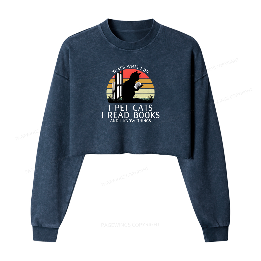 Pagewings Cat And Book Washed Crop Sweatshirt