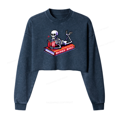 Pagewings Read Banned Books Skeleton Washed Crop Sweatshirt