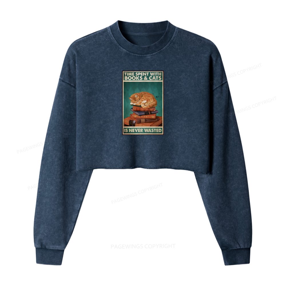 Pagewings Time Spent With Books And Cats Washed Crop Sweatshirt