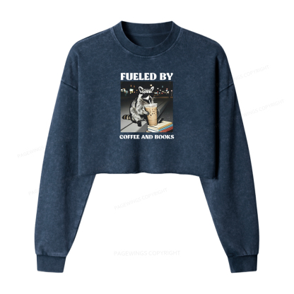 Pagewings Raccoon Reading And Drinking Iced Coffee Washed Crop Sweatshirt