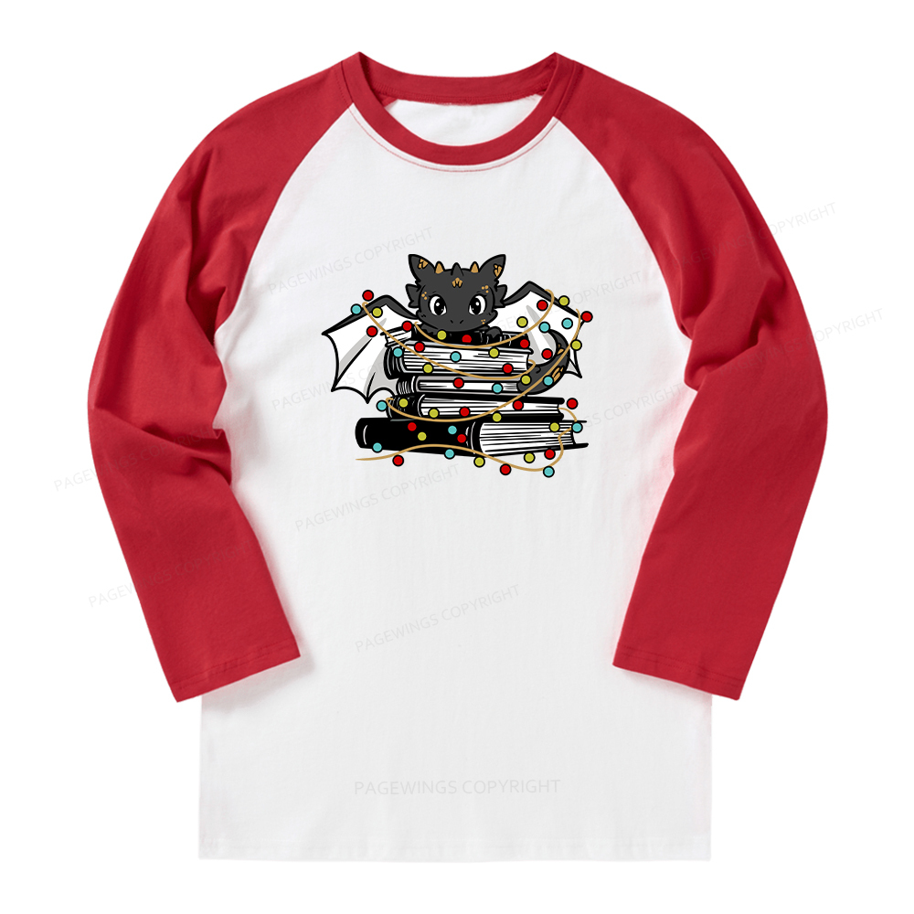 Pagewings Cute Book Dragon Holiday Long Sleeve Raglan T-shirt