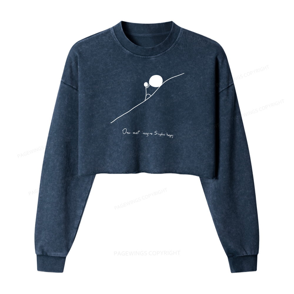 Pagewings One Must Imagine Sisyphus Happy Washed Crop Sweatshirt