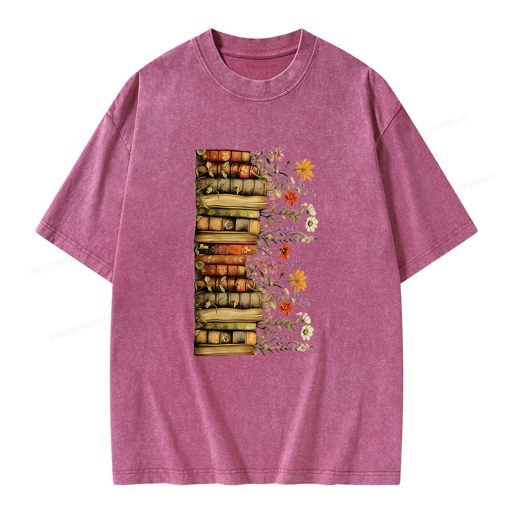 Pagewings Floral Books Unisex Washed T-shirt