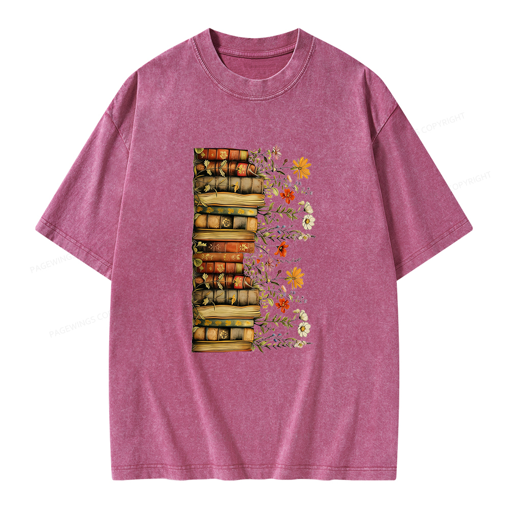Pagewings Floral Books Unisex Washed T-shirt