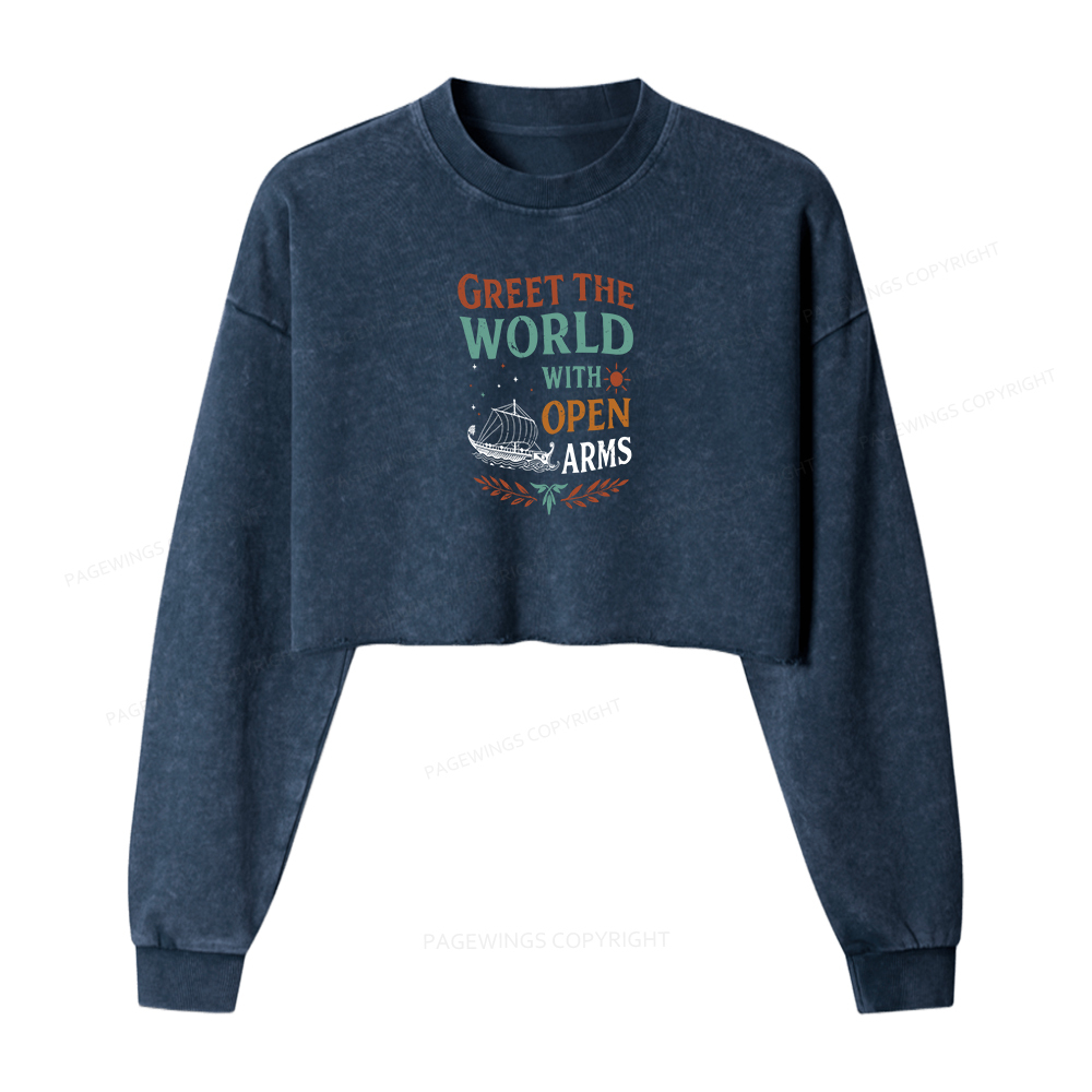 Pagewings Greet the World With Open Arms Washed Crop Sweatshirt
