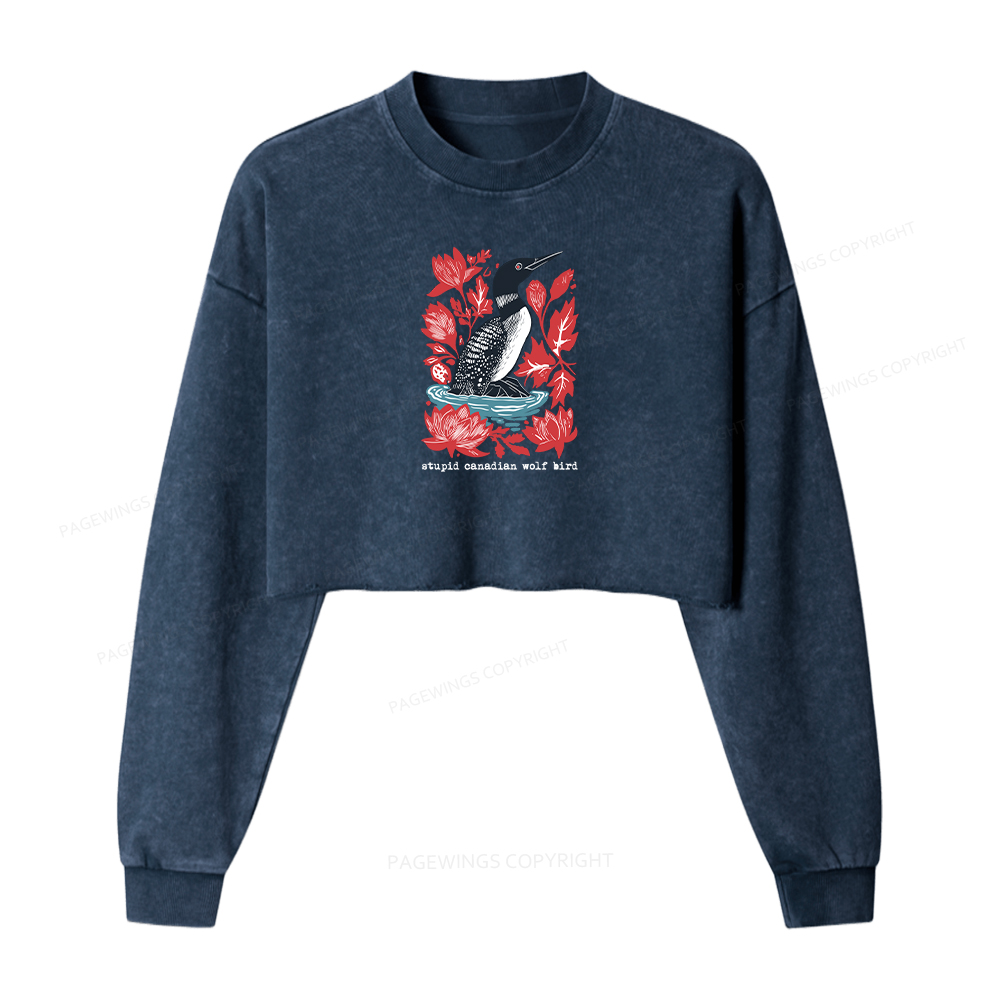 Pagewings Stupid Canadian Wolf Bird Washed Crop Sweatshirt