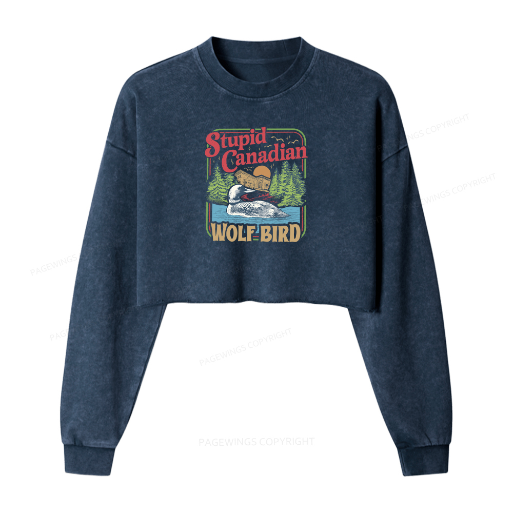 Pagewings Stupid Canadian Wolf Bird Washed Crop Sweatshirt