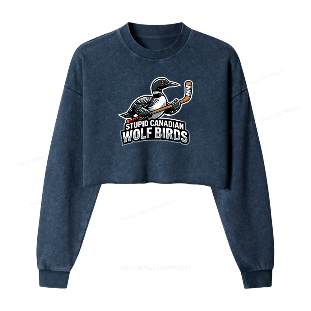 Pagewings Stupid Canadian Wolf Birds Washed Crop Sweatshirt