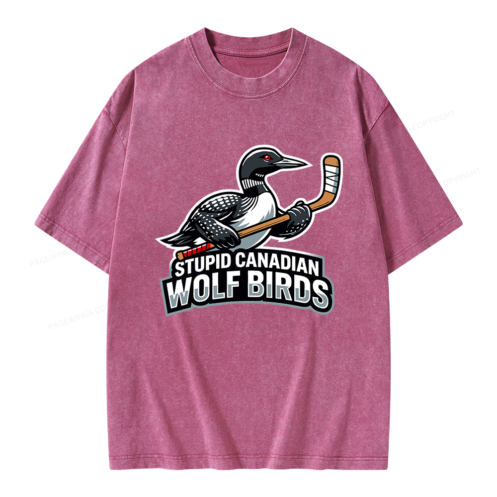 Pagewings Stupid Canadian Wolf Birds Funny Unisex Washed T-shirt