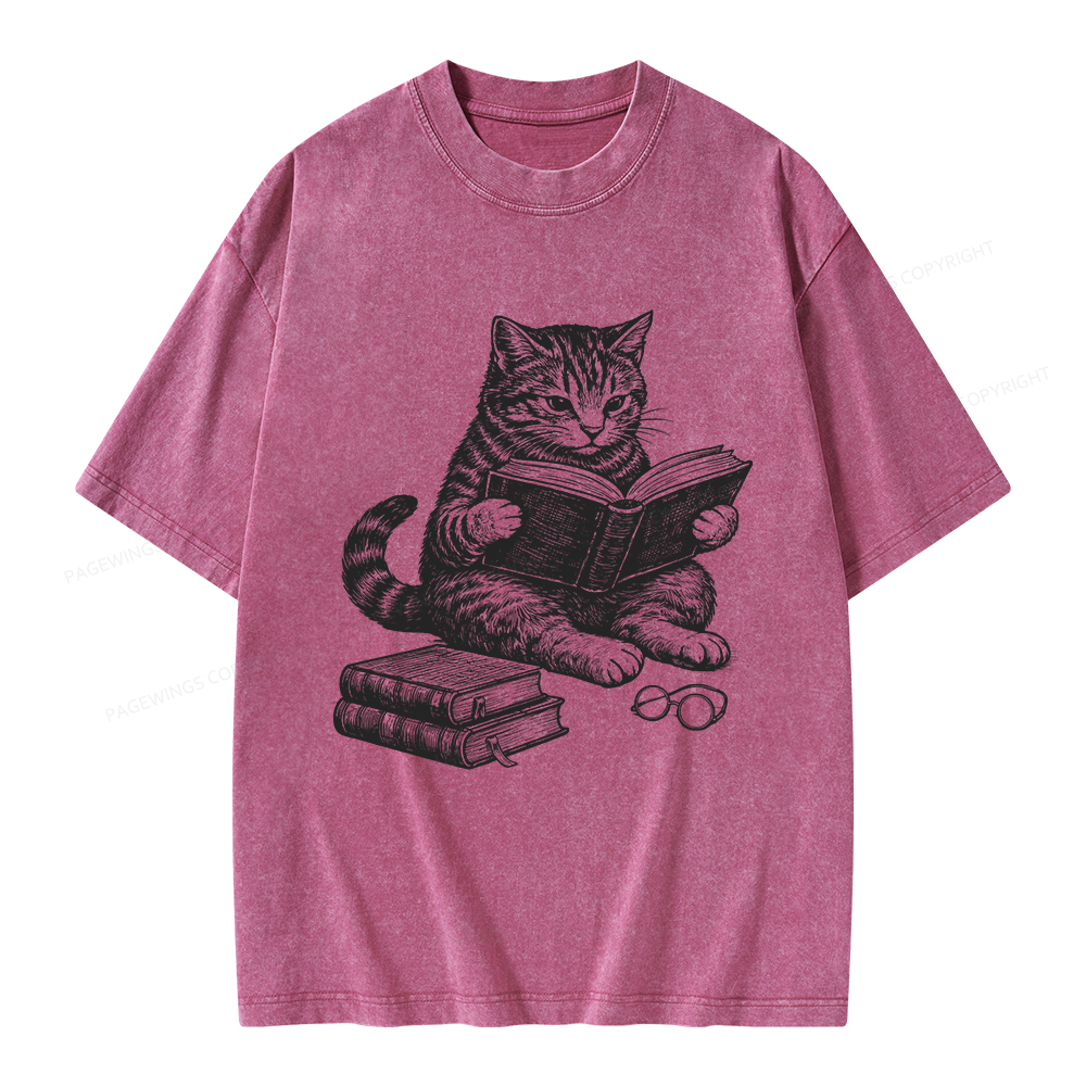 Pagewings Cat Reading Book Unisex Washed T-shirt