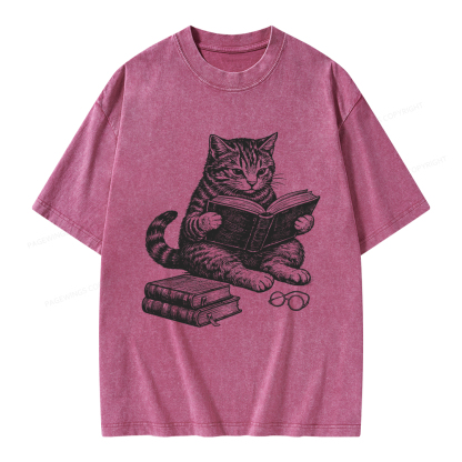Pagewings Cat Reading Book Unisex Washed T-shirt