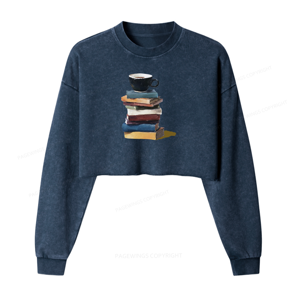 Pagewings Coffee And Books Washed Crop Sweatshirt