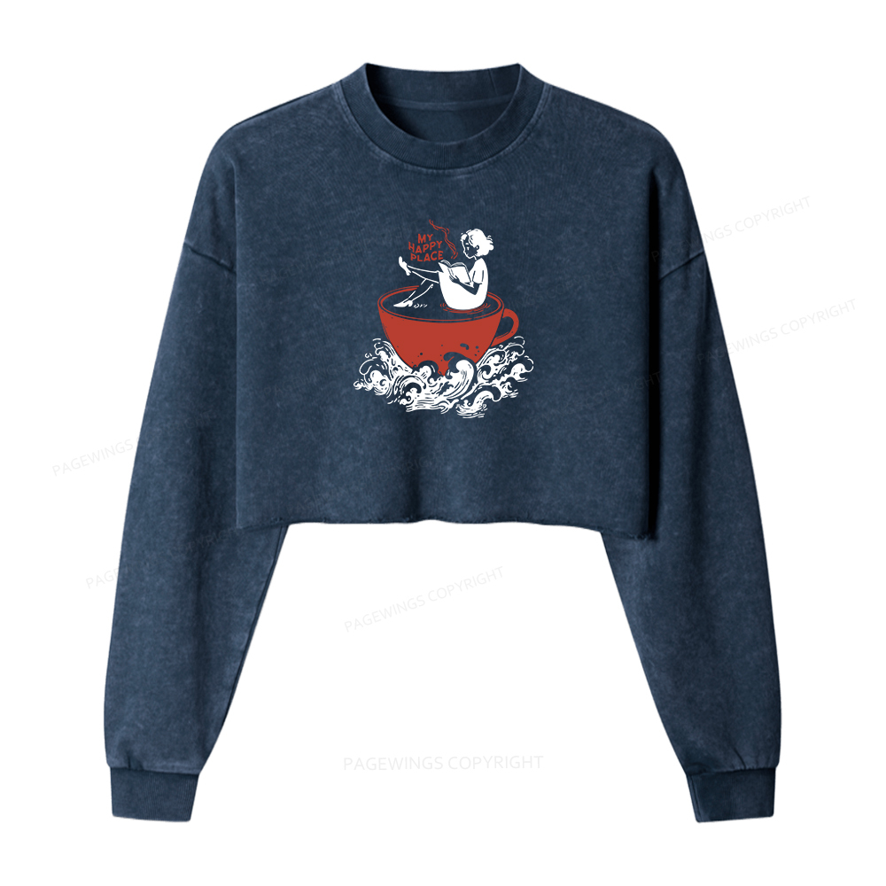 Pagewings Coffee And Books Washed Crop Sweatshirt